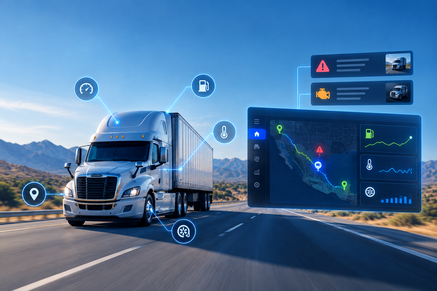Telemática de flotas: sensores del tractocamión conectados a la plataforma con mapa, alertas y gráficas